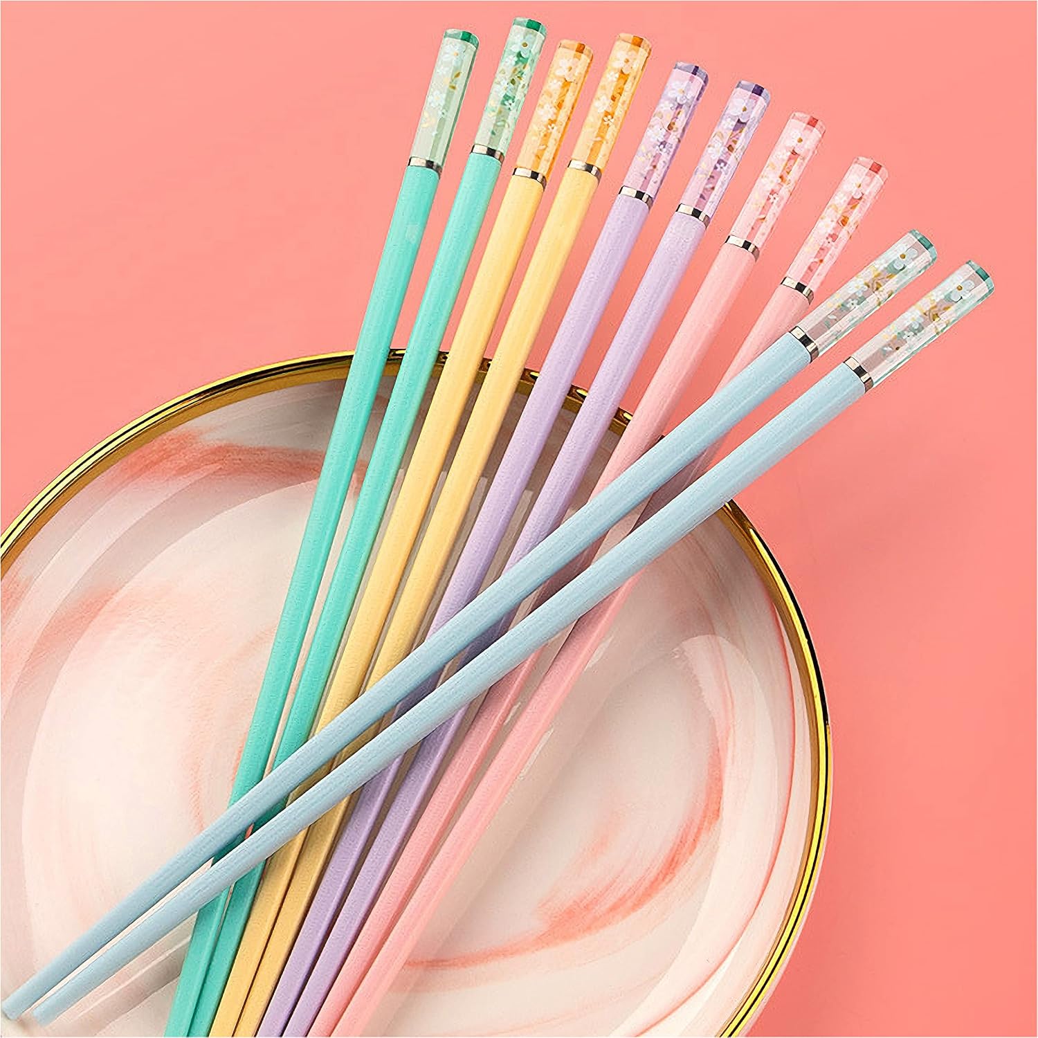 5 Pairs Amber Cherry Blossom Pattern Decoration Multicolor Chopsticks Fiberglass Chopsticks Japanese Korean Chopsticks Reusable Dishwasher Safe Yellow Pink Blue Green Purple Chopsticks
